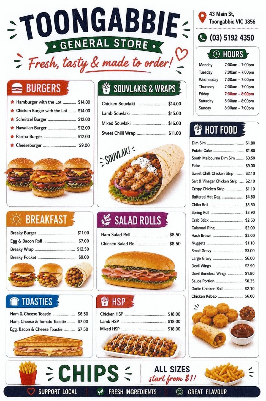 menu for Toongabbie General Store